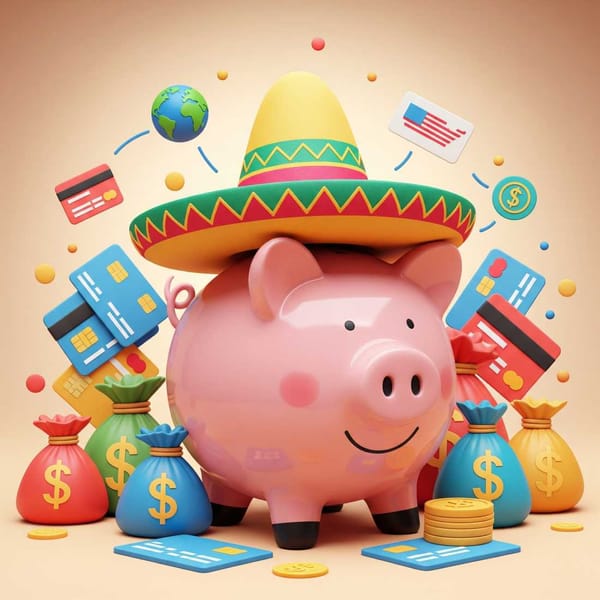 A playful illustration of a piggy bank wearing a sombrero, surrounded by credit cards and money bags.