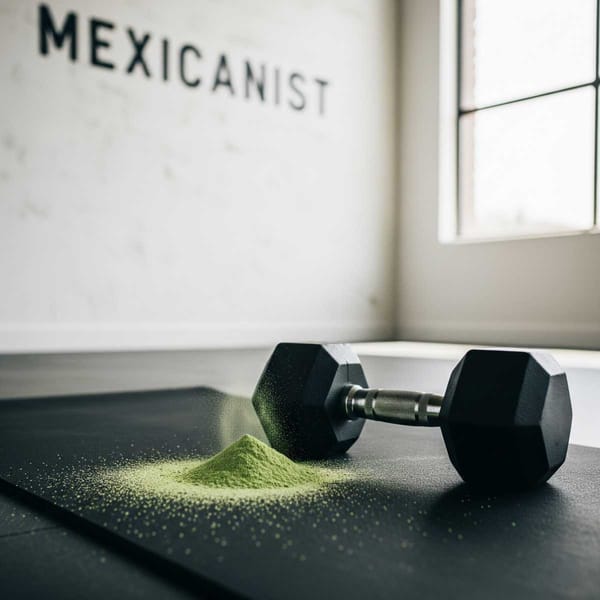 A spilled pre-workout powder next to a dumbbell, because gains shouldn’t cost your heartbeat.