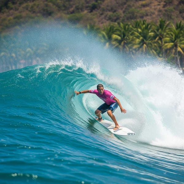 A surfer carving a wave at Playa Olas Altas, Colima, where the ocean is basically printing prize money.