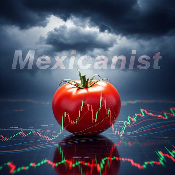 A tomato lounging on a stock market chart, unfazed by tariff storm clouds.