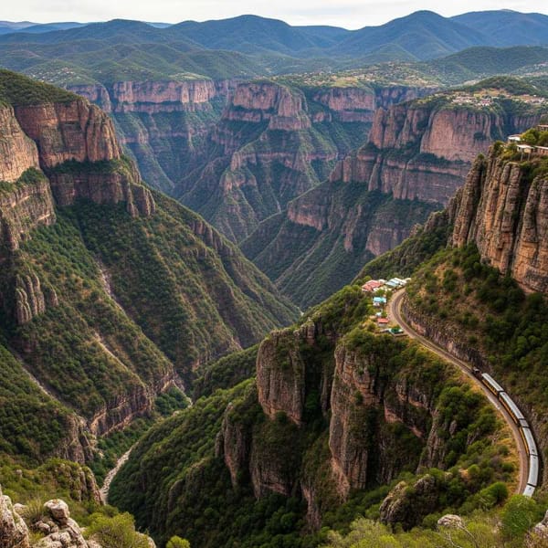 A wide shot of the Barrancas del Cobre with green mountains and rock formations under a cloudy sky.
