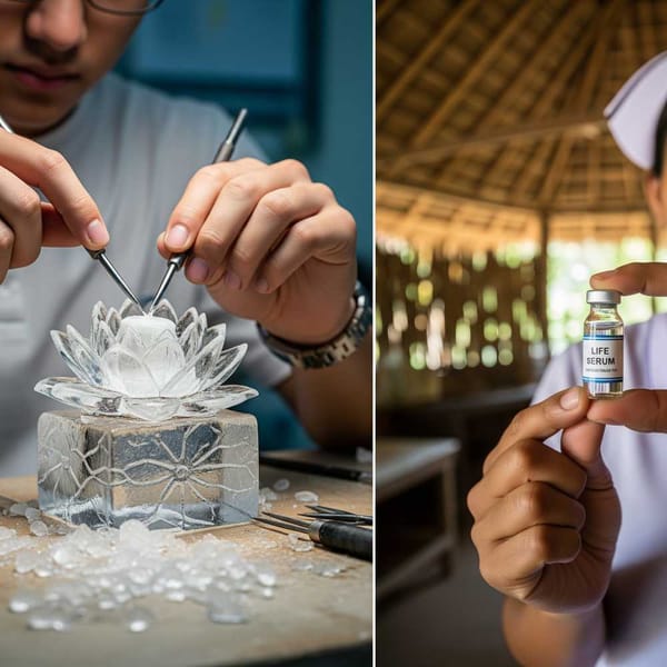 A student’s hands sculpting a lotus from a block of ice, juxtaposed with a rural nurse holding a vial.