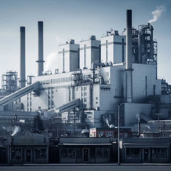 Illustration of a large, gleaming factory with tiny, local businesses from behind.