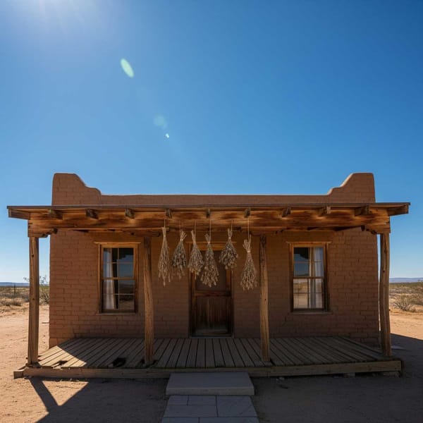 A desert house made of adobe with a sagging porch and strange dried herbs hanging by the door.