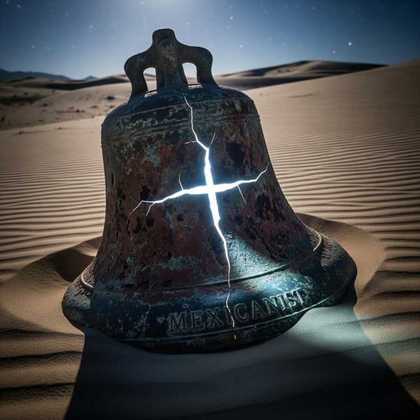 A cracked bronze bell lies half-buried in desert sand, a faint cross-shaped fracture glowing.