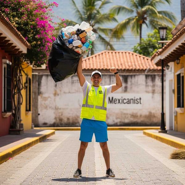 A neon-vested man in gym shorts hoists a bulging trash bag overhead.
