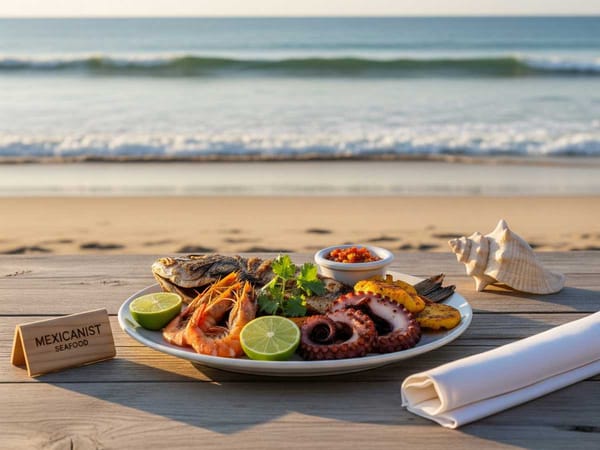 A platter of fresh seafood is served beachside in Guasave, Sinaloa, with the ocean in the background.