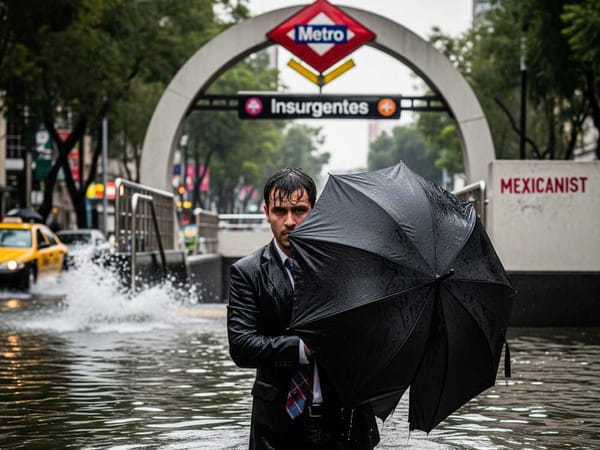 A soaked businessman stands waist-deep in floodwater outside Mexico City metro station.