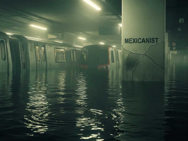 A surreal photo of a Mexico City Metro station flooded with murky water.