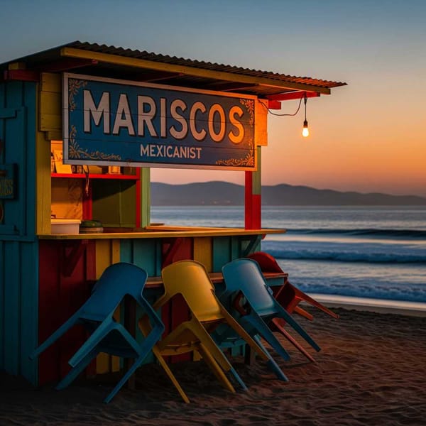 A taco stand in Ensenada with a hand-painted sign reading “Mariscos”.