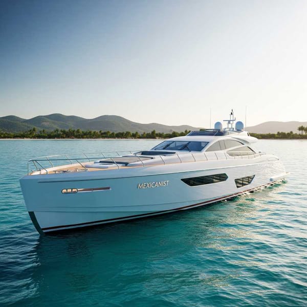 An empty luxury yacht bobbing in turquoise water.