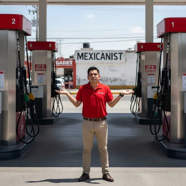 Empty gas pumps with a frustrated attendant shrugging—fuel crisis in Monterrey’s suburbs.