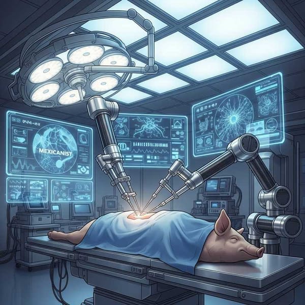 Illustration of a sleek robotic arm performing surgery inside a futuristic operating room, with a pig on the table.