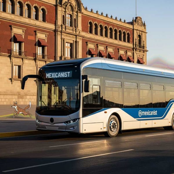 A sleek, modern electric bus gleams in sunlight, parked in front of a Mexican government building