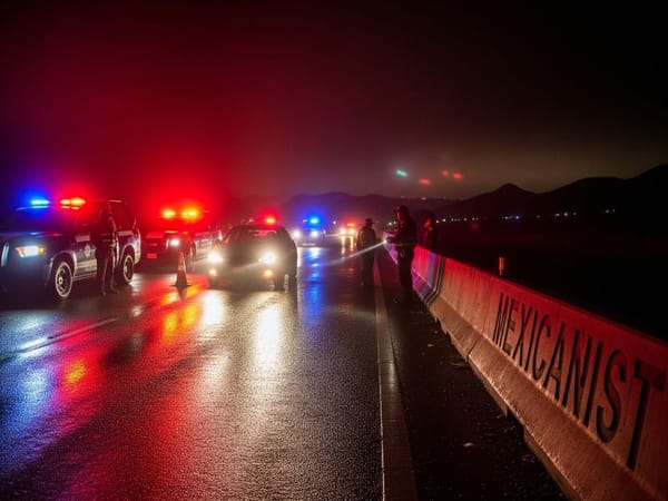 Police checkpoint at night on a Mexican highway with flashing red and blue lights, car slowing down.