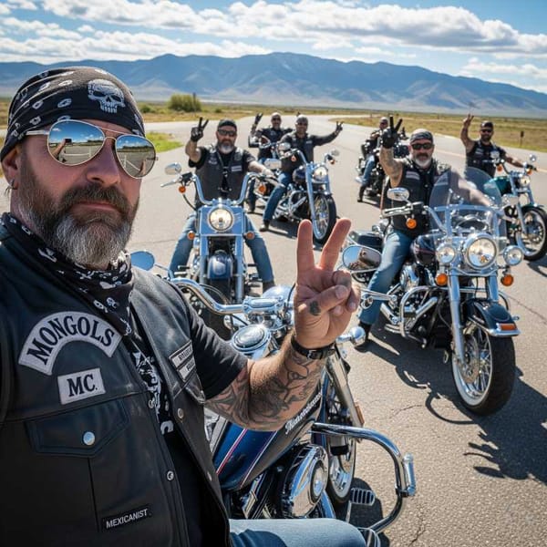 A line of burly bikers on Harleys flashes peace signs at the camera.