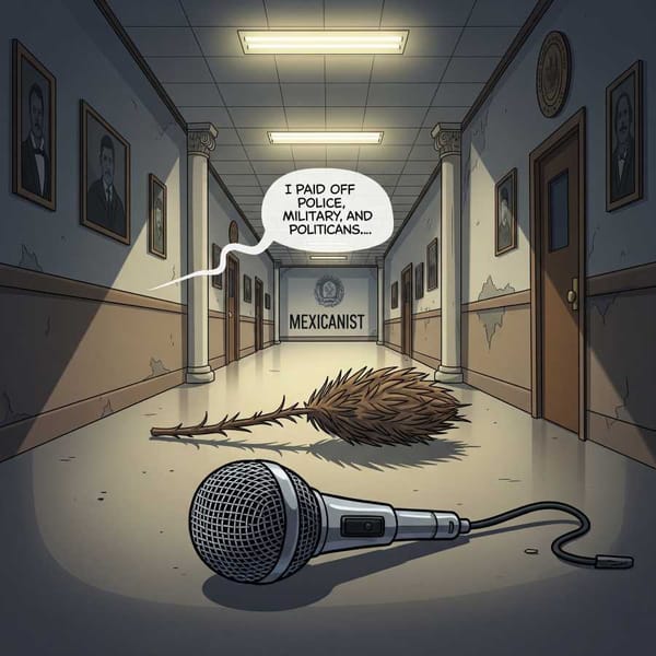 A cartoon-style illustration of a microphone dropped in an empty government hallway.