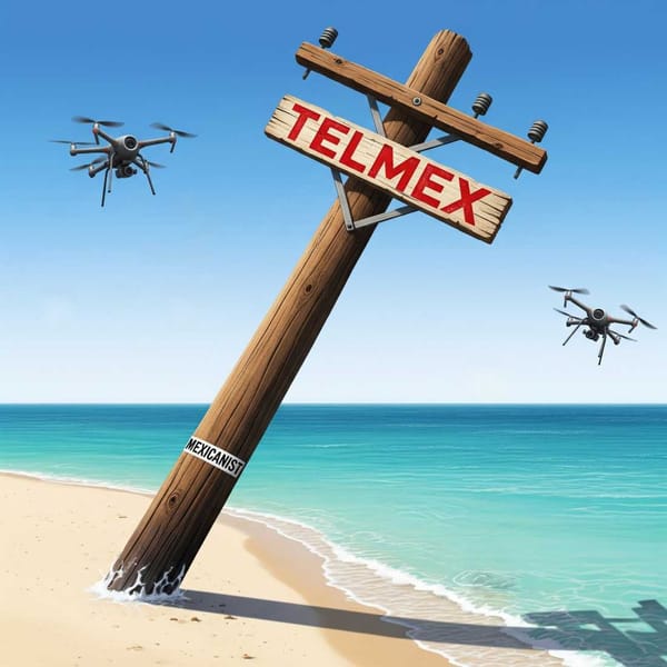 Illustration of a leaning wooden pole labeled "TELMEX" overlooking a beach where drones hover above.