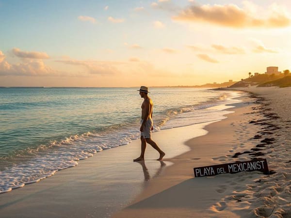 A sunlit beach in Quintana Roo with clean turquoise water, a lone traveler walking barefoot at dawn.
