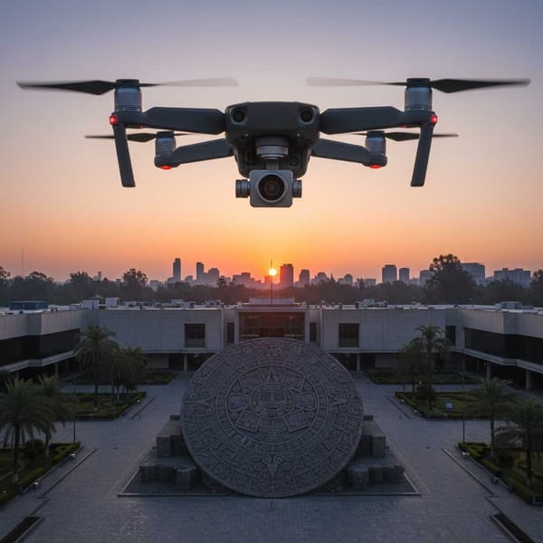A drone hovers at dawn over Mexico City’s National Museum of Anthropology, its camera aimed at the Sun Stone below.