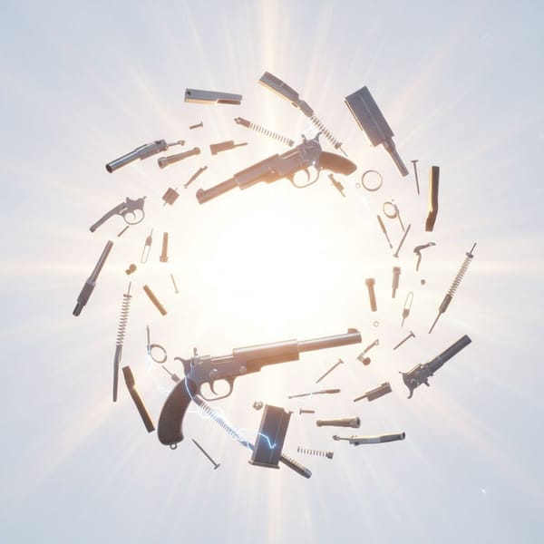 Mauser parts levitate in mid-air, arranged like a mechanical constellation against a white-hot sky.