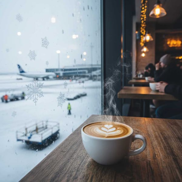 A cup of coffee on a able, with a snowy airport terminal visible through the window in the background.