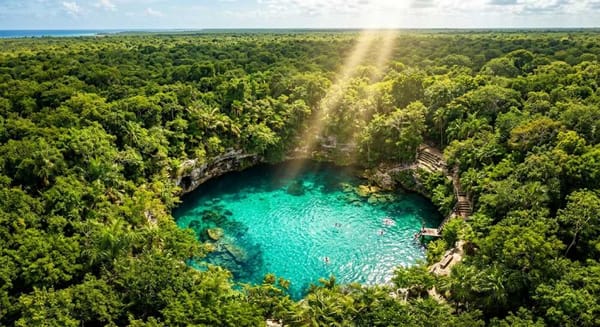 Aerial view of turquoise cenote pool surrounded by lush green jungle vegetation, sunlight streaming through trees onto crystal-clear water.