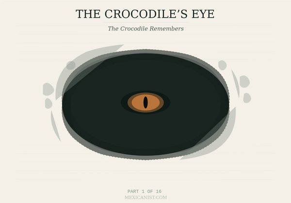 Ink-sketch style showing a dark cenote from above with a crocodile eye in ochre tones at the center of black water. Title reads The Crocodile's Eye, Part 1 of 16.