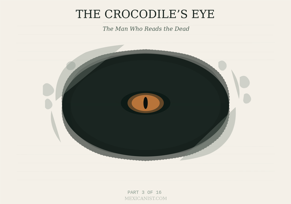 Ink-sketch illustration of a dark cenote seen from above with a single crocodile eye in ochre at the center of black water. Title reads The Crocodile's Eye, Part 3 of 16.