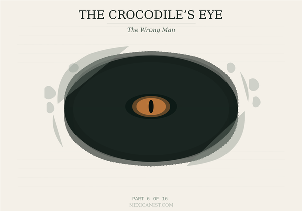 Ink-sketch illustration of a cenote from above with agitated water marks across the dark surface and a crocodile eye at center. Title reads The Crocodile's Eye, Part 6 of 16.