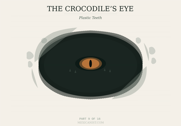 Ink-sketch illustration of a cenote from above with a crocodile eye at center and small angular tooth-like marks scattered in the dark water. Title reads The Crocodile's Eye, Part 9 of 16.