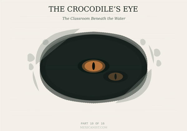 Ink-sketch illustration of a cenote from above with two crocodile eyes in ochre at different depths in the dark water. Title reads The Crocodile's Eye, Part 10 of 16.