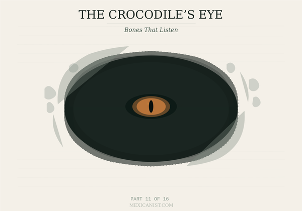 Ink-sketch illustration of a cenote from above with a single crocodile eye in ochre tones centered in dark water. Title reads The Crocodile's Eye, Part 11 of 16.