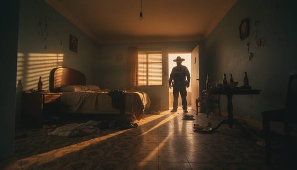 A dimly lit Mexican hotel room at dawn and the silhouette of a municipal police officer.
