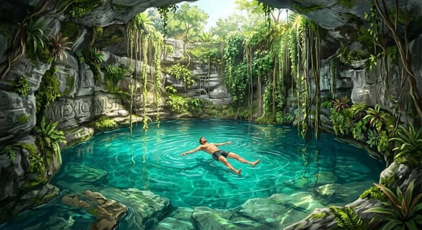 A serene illustration of a swimmer floating in the center of a sunlit cenote.