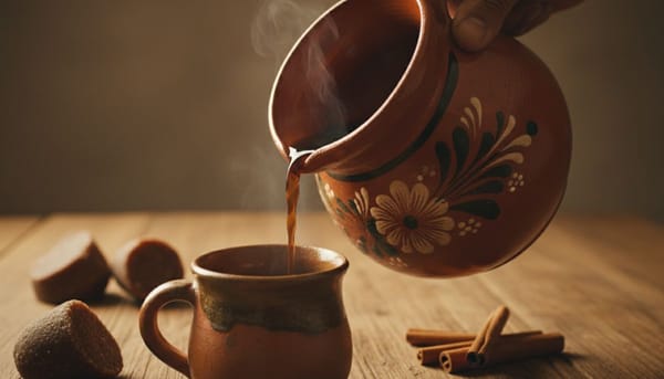 Steam rising from a dark clay Mexican coffee pot pouring café de olla into a mug.