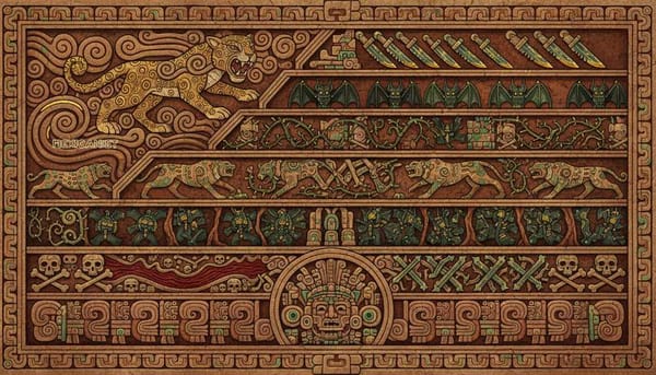 Illustrated cross-section of Xibalba showing nine descending terraced levels.