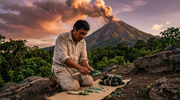 A Maya obsidian artisan pressure-flaking a green obsidian blade at the base of an active volcano in the Mesoamerican highlands.