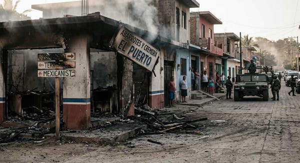 Burned commercial stores in Tecuala, Nayarit, following cartel retaliation.