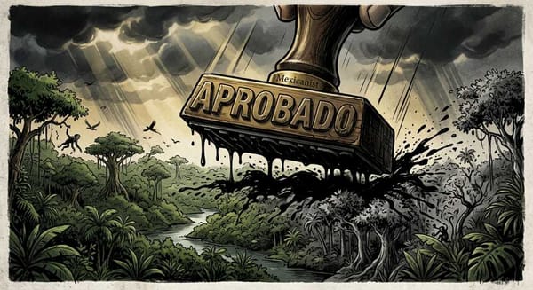 Giant rubber stamp labeled APROBADO crushing a green jungle, ink bleeding into the canopy.