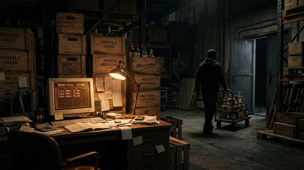 Illustration of a dimly lit Mexican warehouse where a shadowy employee wheels stolen wine bottles past a desk covered in forged receipts.