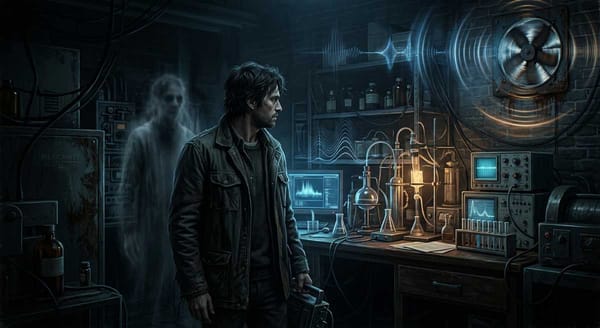 Illustration of an engineer in a dark lab encountering a grey ghostly figure at the edge of their vision.