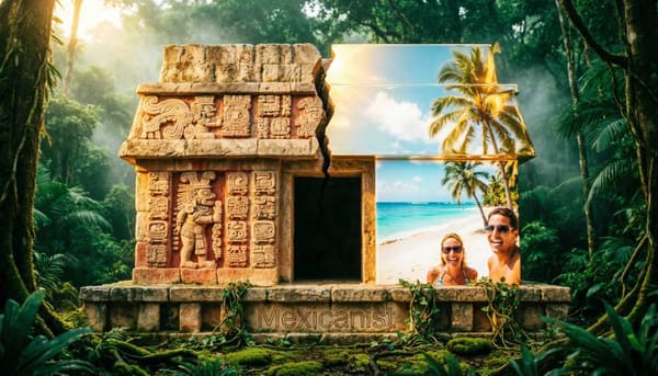Maya temple splitting into ancient glyphs and modern tourism ads in Mexico.