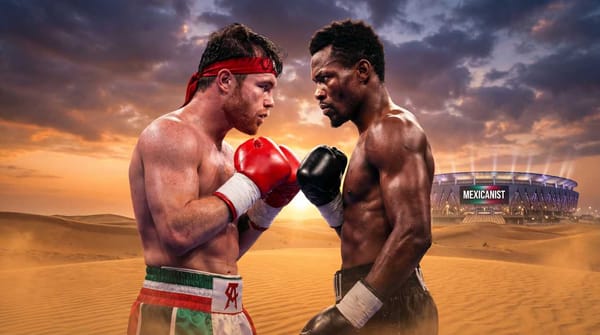Saúl Canelo Álvarez faces Christian Mbilli in a promotional pose for their September 12, 2026 super middleweight championship fight in Saudi Arabia