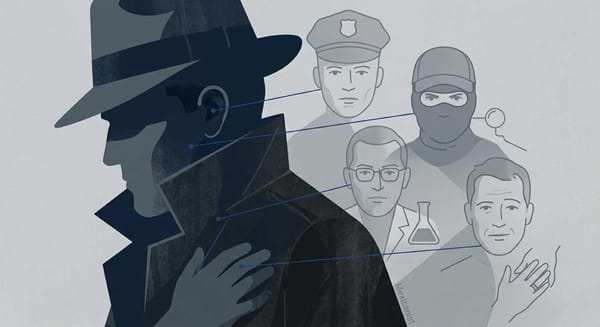 Silhouette of a detective with ghostly suspect profiles connected by blue strings, illustrating how criminal profiling can misidentify.