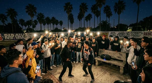 Two MCs face off in a nighttime freestyle rap battle in a park in Ensenada, Baja California, surrounded by a circle of youth.
