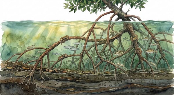 Underwater cross-section illustration of a red mangrove root system in a coastal lagoon, showing prop roots.