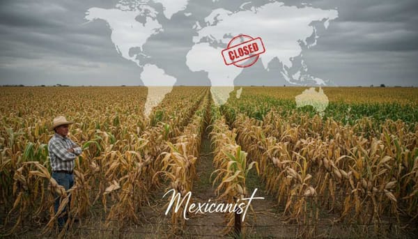 Withered corn stalks in a Mexican agricultural field showing signs of nitrogen deficiency as fertilizer prices spike.