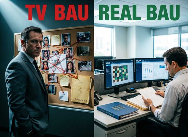 Comparison showing the fictional FBI Behavioral Analysis Unit from the TV show versus the actual workflow of the real FBI BAU.