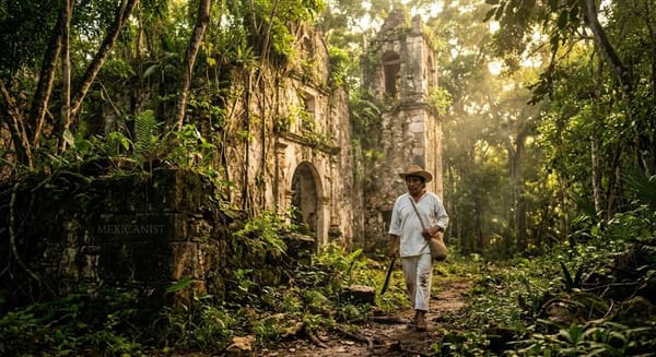 Ruins of a colonial-era church in the Quintana Roo jungle, with sunlight streaming through the canopy.